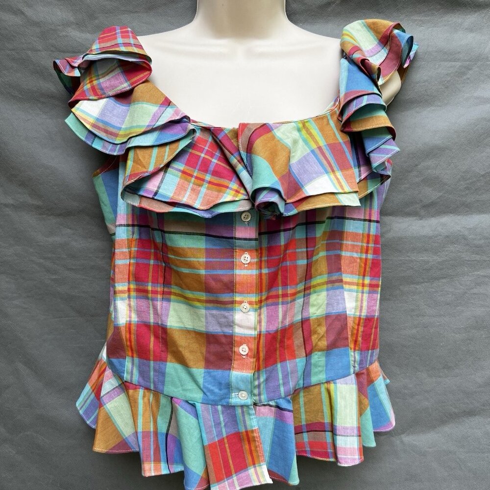 Lauren Ralph Lauren Multicolored Plaid Ruffled Button Front Shirt Blouse Size 8